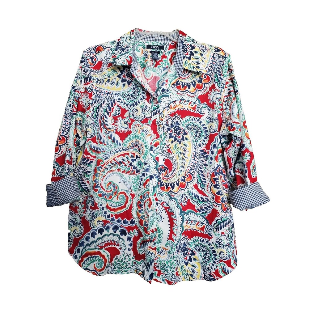 Chaps Cotton No Iron Red Paisley Flip-Cuff 3/4 Sleeve Button-Up Shirt Size XL